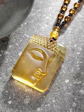Amber Buddha Pendant Necklace - Golden Yellow Beads